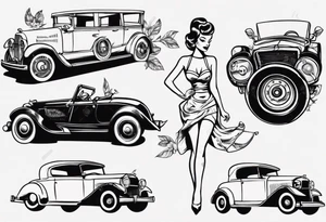 Pinup doll driving an old vintage car tattoo idea