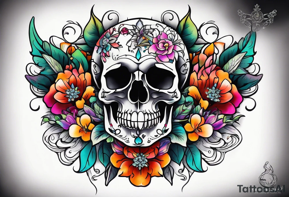 Neo traditional floral chest piece tattoo with small animal skulls and crystals tattoo idea