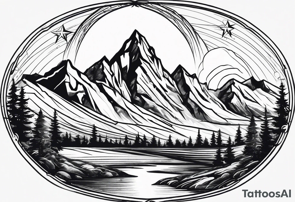 Mountain Skyline with one High Peak. Water in Front. Mountain Peak with circle dotted Line. Two Stars. Mountain and water Run Out flat in the side tattoo idea