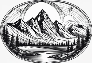Mountain Skyline with one High Peak. Water in Front. Mountain Peak with circle dotted Line. Two Stars. Mountain and water Run Out flat in the side tattoo idea