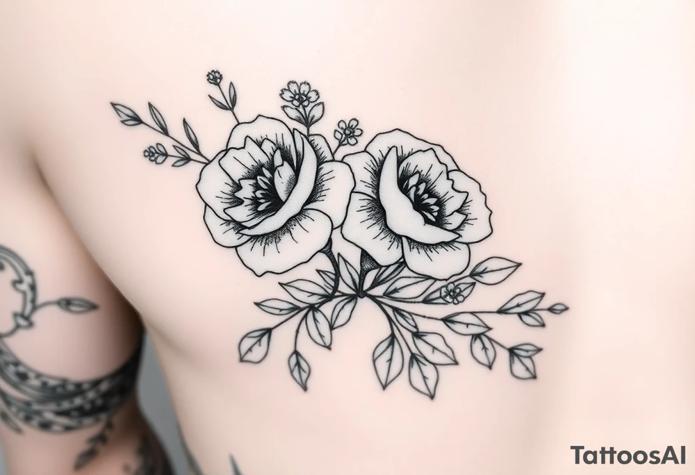 Traditional style black ink with 2 wild roses with forget me nots an olive branch and a lot of leaves for forearm tight together tattoo idea