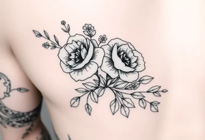 Traditional style black ink with 2 wild roses with forget me nots an olive branch and a lot of leaves for forearm tight together tattoo idea