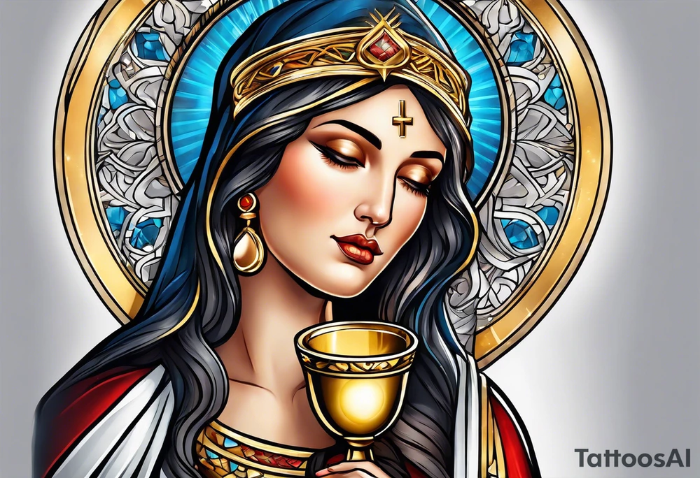 holy saint woman with golden halo holding a chalice tattoo idea