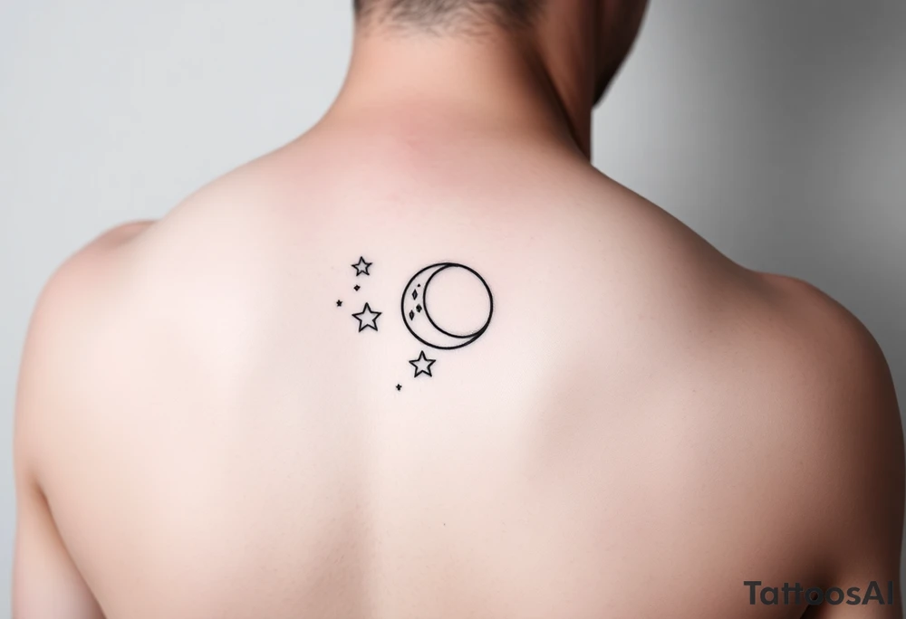 Minimalist fine line tattoo on arm, ornamental stars and moon, whimsical tattoo idea