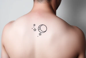 Minimalist fine line tattoo on arm, ornamental stars and moon, whimsical tattoo idea