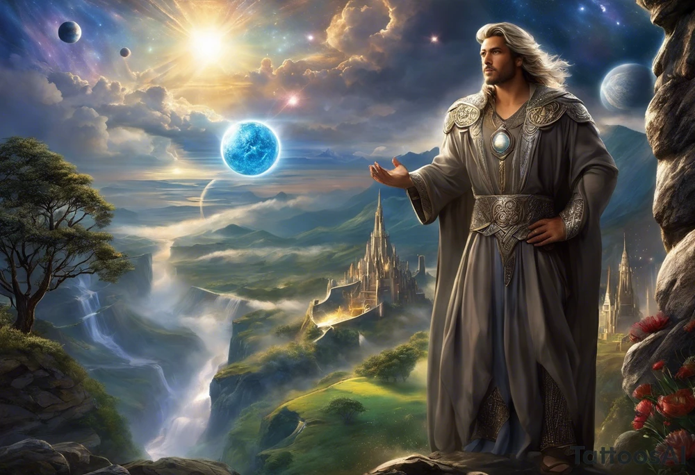 Jehovah looking out at the marvels of his creation from the atoms to the galaxy and celestial beings. With grey wash and a fantasy theme. Jehovah has to be a character who is so majestic, charismatic, immensely powerful. There isnt a single thing he isnt capable of doing. Infinitely powerful forward facing. Without the pagan styled attire and without the pagan symbols etceterashirtless, large muscular athletic physique, deep muscle definition tattoo idea