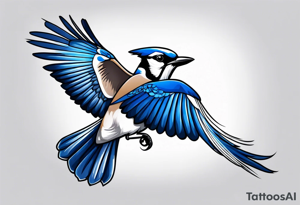 Strong blue jay bird in flight downward tattoo idea