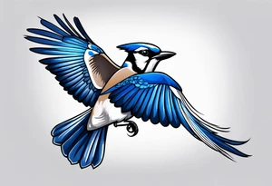 Strong blue jay bird in flight downward tattoo idea