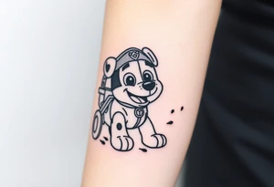 A powerful Paw PAtrol member Rubble in action, with his digger in the background and a dust cloud around him, symbolizing strength and determination. tattoo idea