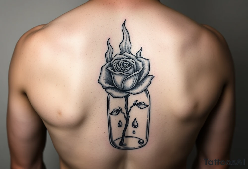 a rose on fire trapped in a jar with water drops tattoo idea