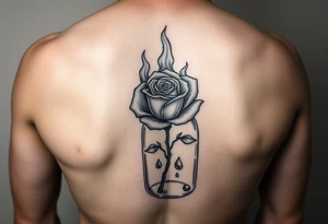 a rose on fire trapped in a jar with water drops tattoo idea