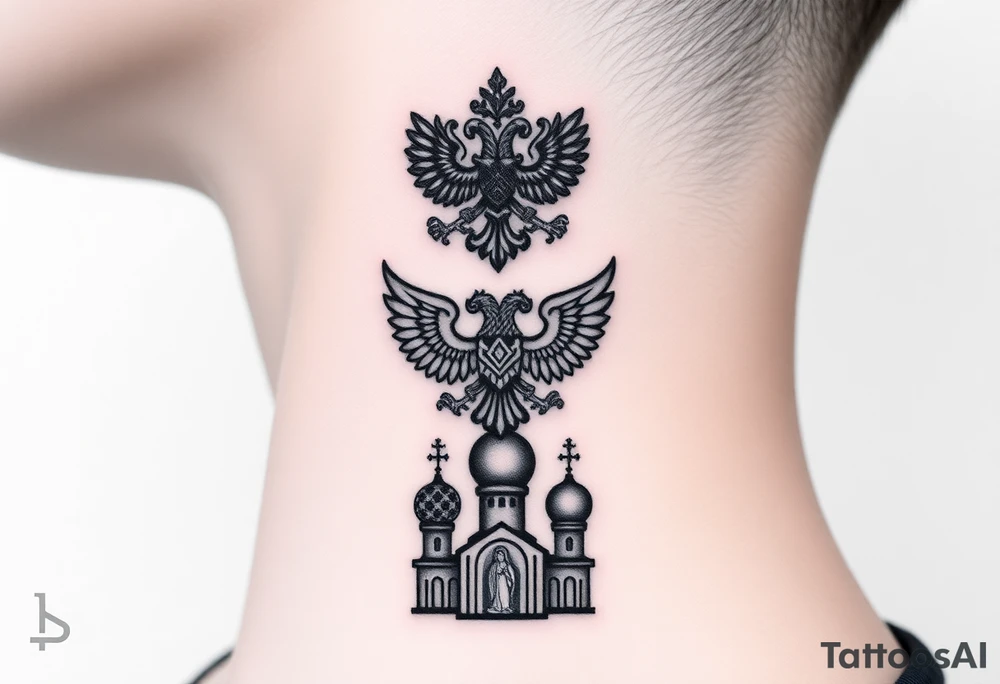 Stacked Vertical Column 

Russian star — bold
Middle: double-headed eagle — simplified, cleaner lines to suit the smaller space
Bottom: Orthodox church dome(s) & a Virgin Mary silhouette beneath tattoo idea