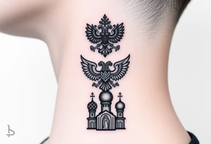 Stacked Vertical Column 

Russian star — bold
Middle: double-headed eagle — simplified, cleaner lines to suit the smaller space
Bottom: Orthodox church dome(s) & a Virgin Mary silhouette beneath tattoo idea