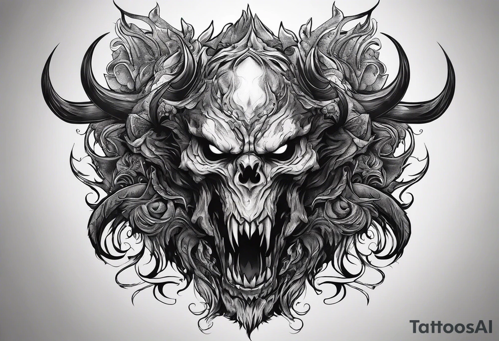 Demonic creature with decapitated head In hand tattoo idea