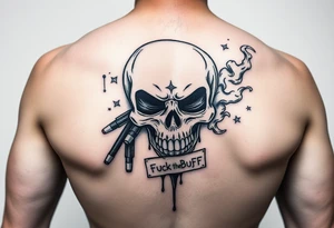 Graffiti type skull with markers dripping ink with a tag that says on tick behind it with smoke that says fuck the buff tattoo idea