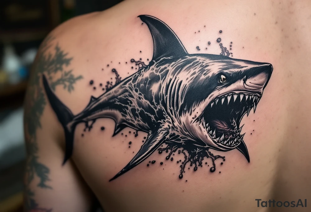 angry powerful shark tattoo with cool water stuff around it tattoo idea