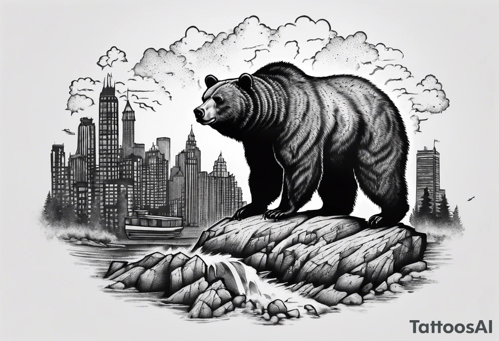 Serious bear coming up behind a city tattoo idea