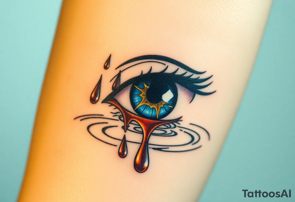 Teary eye A collection of teardrops falling into a still pool, with soft ripples in golden and silver hues, symbolizing how tears spread healing. tattoo idea