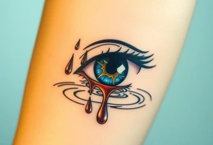 Teary eye A collection of teardrops falling into a still pool, with soft ripples in golden and silver hues, symbolizing how tears spread healing. tattoo idea