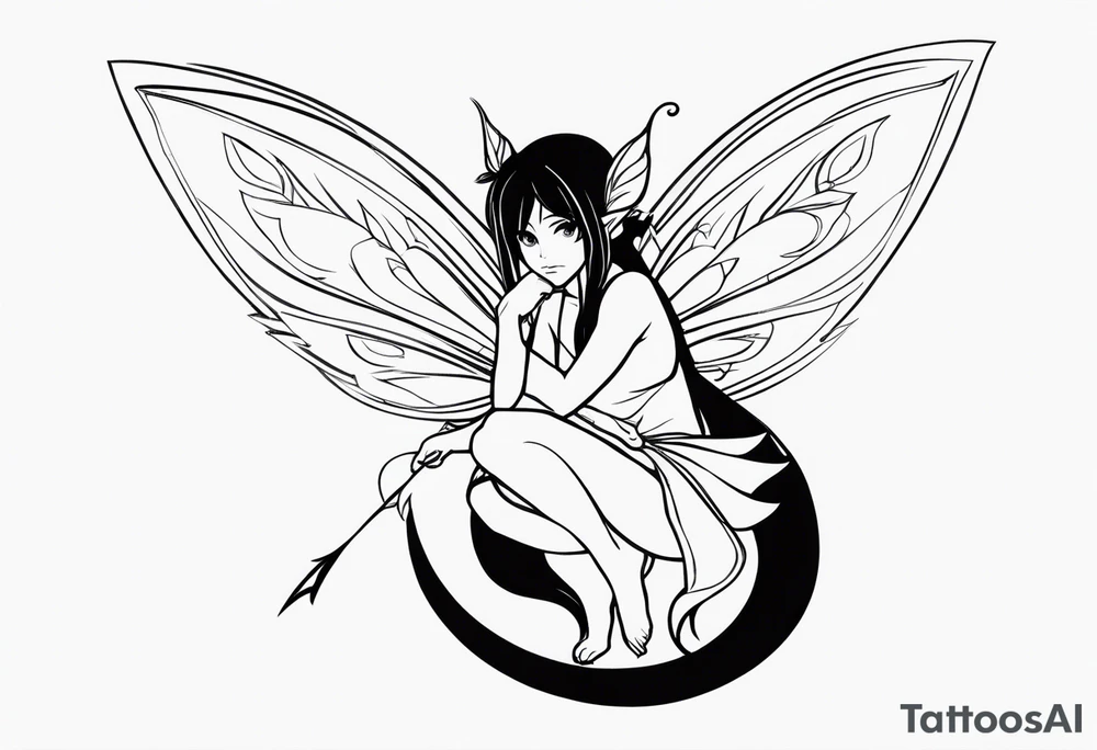 No color sketch of a fairy with a tail inspired by the guild symbol in the anime show called Fairy Tail in a fetal position leaning in and forward while crawled in tattoo idea