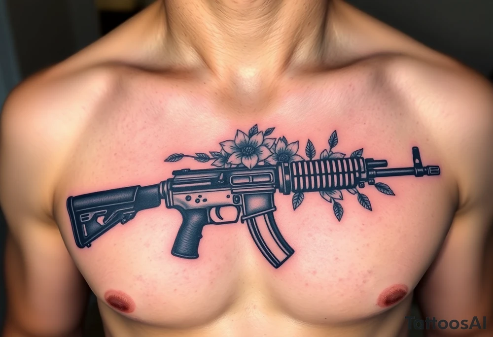 ak 47 black silhouette with floreal details tattoo idea