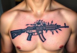 ak 47 black silhouette with floreal details tattoo idea
