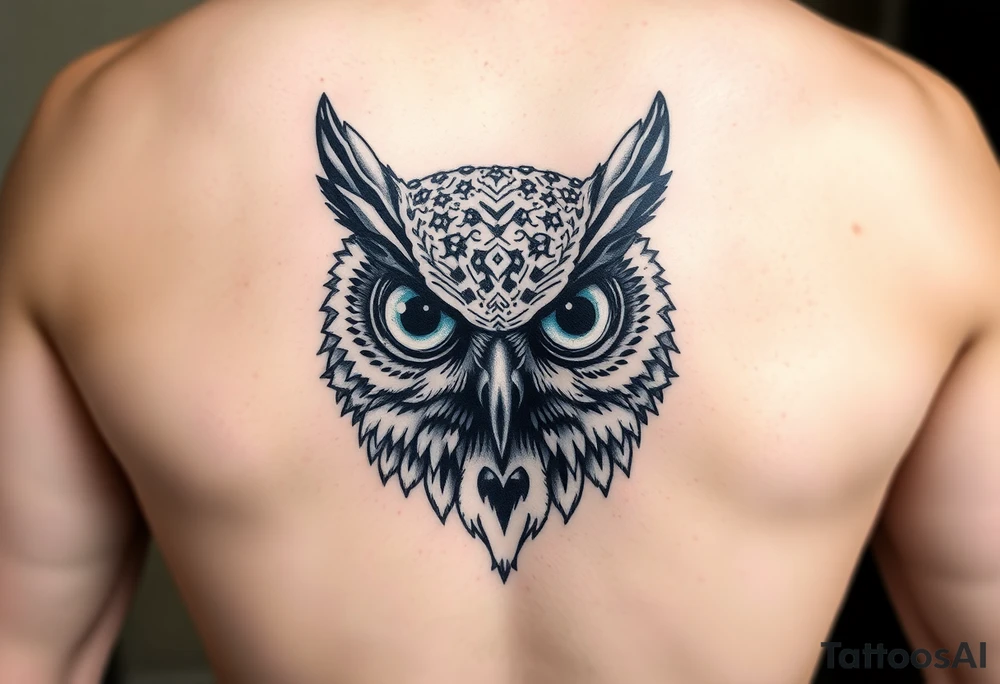 Owl head with large intense tripping on acid colored eyes tattoo idea