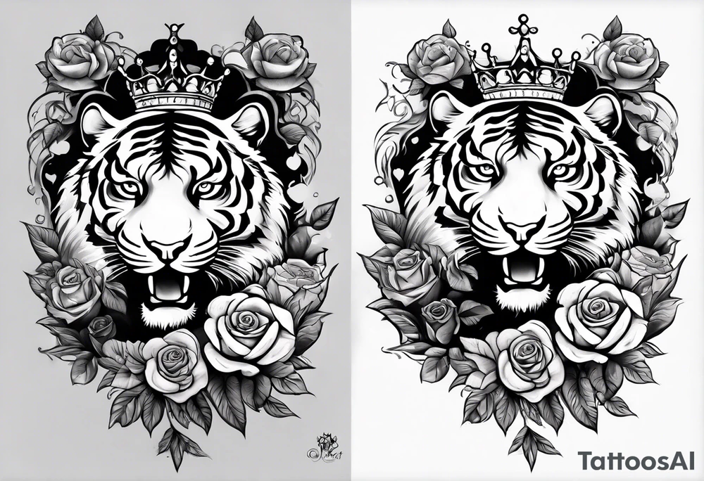 Full right arm sleeve  tiger with a crown and third eye with a hour glass instead the hourglass brain cover in in clouds and a heart cover in grass and roots with roses and smoke all over the arm tattoo idea