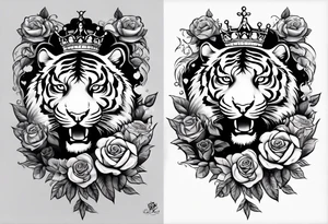 Full right arm sleeve  tiger with a crown and third eye with a hour glass instead the hourglass brain cover in in clouds and a heart cover in grass and roots with roses and smoke all over the arm tattoo idea