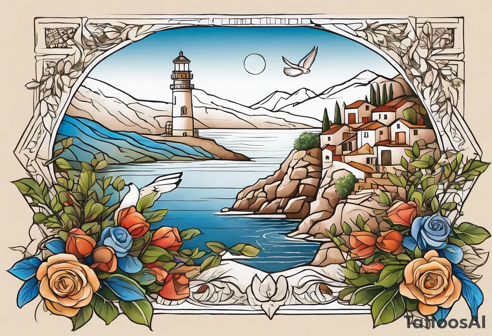 Create a Mediterranean climate with a mountain in the background, add an oak tree, a rose bush, a dove with an olive leaf, a playing harp, a lighted lighthouse tattoo idea