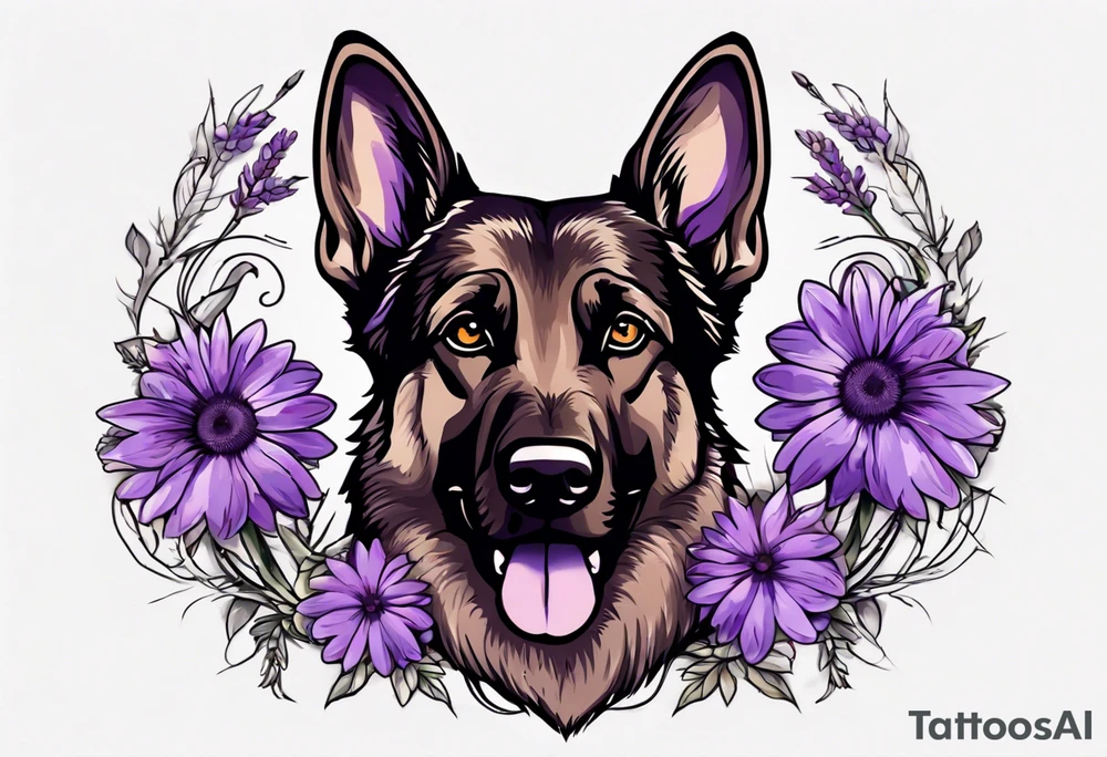 Dark Brown German shepherd portrait surrounded by purple daisies tattoo idea