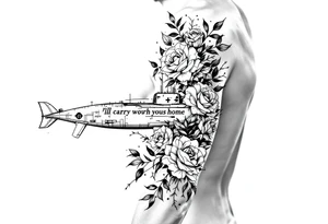 Submarine warfare surrounded by roses that says “I’ll carry you home” tattoo idea