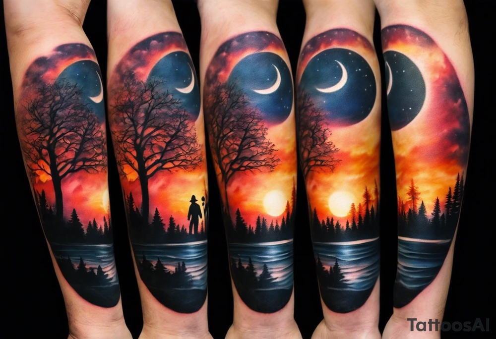 Tattoo of a family of four on a male forearm 
- dad, mom and two boys around a campfire.  Background is a sunset at the bottom, night at the top with a big beautiful moon. I would like it to be encased in a circle with the words "All that I need is the air that I breathe, and all that I need are things I don't need, and all that really matters is what matters to me". tattoo idea