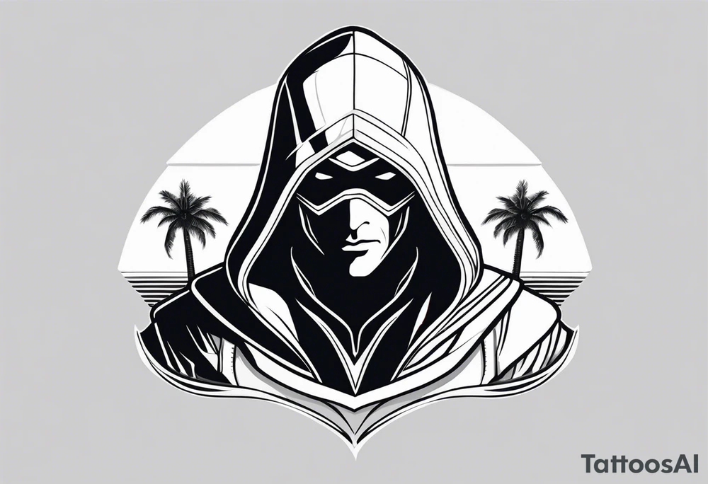 assassins creed character that is in the style of tron with palm trees tattoo idea