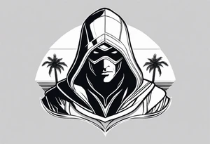 assassins creed character that is in the style of tron with palm trees tattoo idea