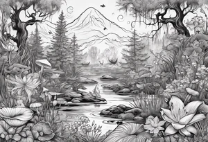 A swamp that has a mermaid in the middle with cypress trees, mushrooms, wild flowers, lily pads, frogs, and bugs all around. tattoo idea