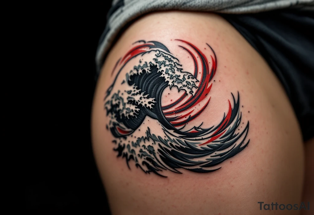 A tribal-style wave in bold black with red accents sweeps across the shoulder blade. tattoo idea