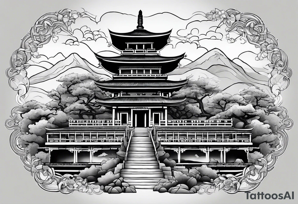 a old world map as the background with a small Buddhist temple at the bottom for the back of a forearm tattoo idea