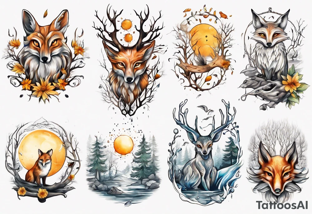 sonne, eule  wald, fuchs 
baum, sapere aude, Wasser, fisch tattoo idea