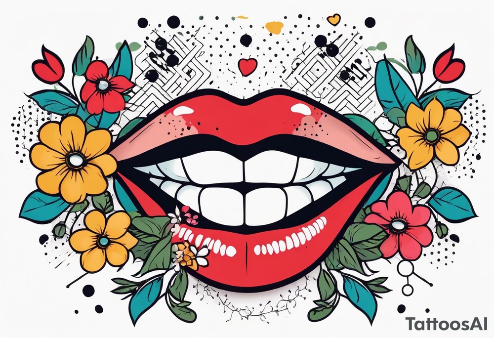 lips singing old school vintage traditional
flowers around and mouth next to microphone
bold and colorful simple design dots and simple flowers sketch tattoo idea