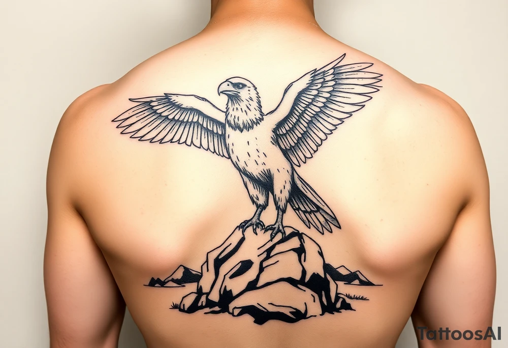 an eagle stands on a rock, landscape. tattoo idea