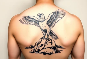 an eagle stands on a rock, landscape. tattoo idea
