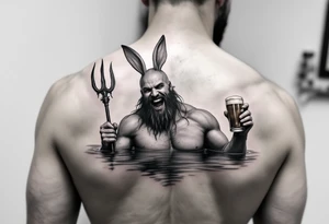 laughing poseidon in calm water, holding a trident, holding a beer, with bunny ears tattoo idea