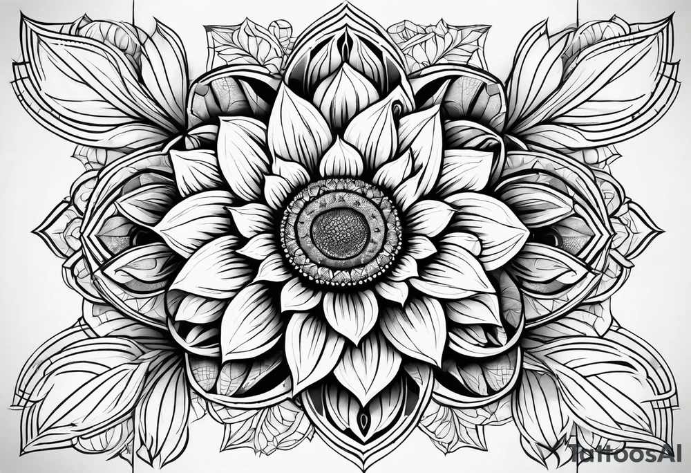 sunflower geometric with leaves mandala tattoo idea