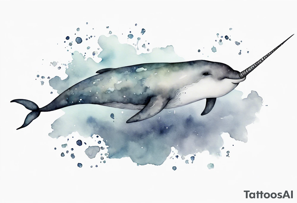 a melancholy watercolor painting of a realistic narwhal swimming in a grey ocean tattoo idea