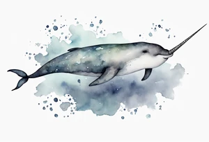 a melancholy watercolor painting of a realistic narwhal swimming in a grey ocean tattoo idea