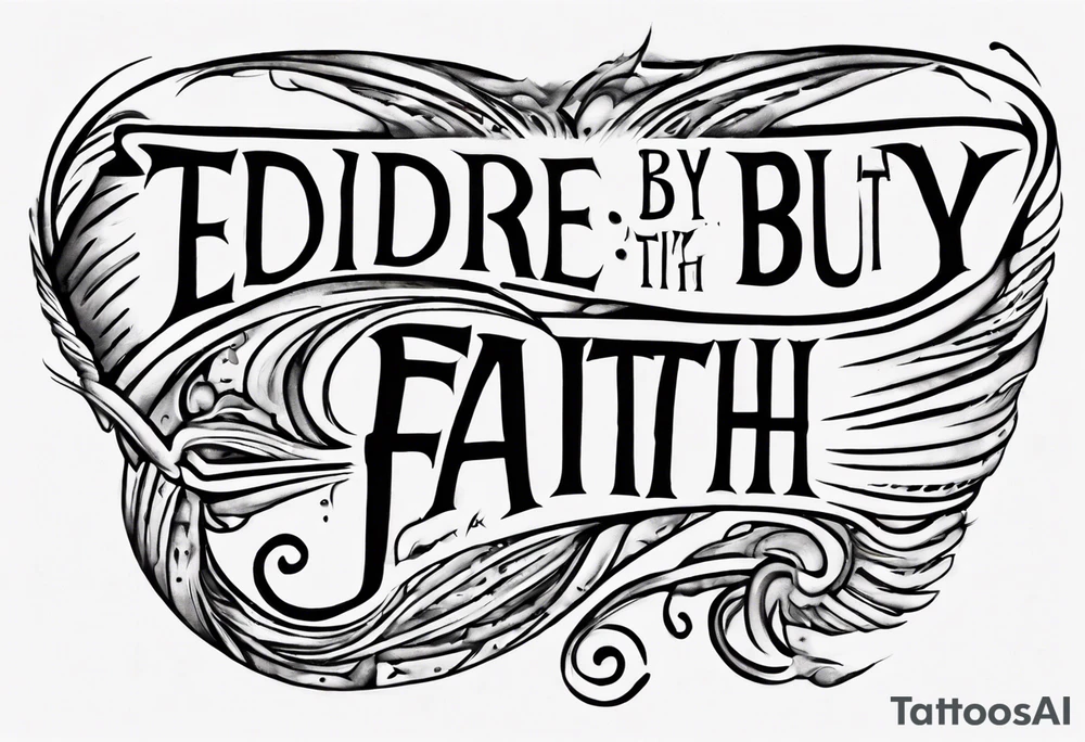 Horizontal inner bicep tattoo. “walk by faith, not by sight” stairwell wrapping around the quote. This design captures the essence of the journey guided by faith. tattoo idea