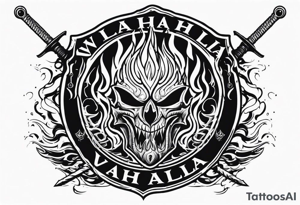 Valhalla on fire
flames sword shield barb wire tattoo idea
