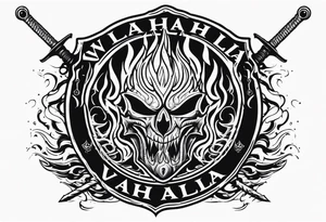 Valhalla on fire 
flames sword shield barb wire tattoo idea