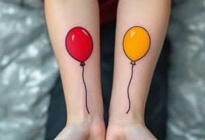 Two matching colorful balloons, the first bright red and the second bright yellow, placed on each person’s forearm. tattoo idea